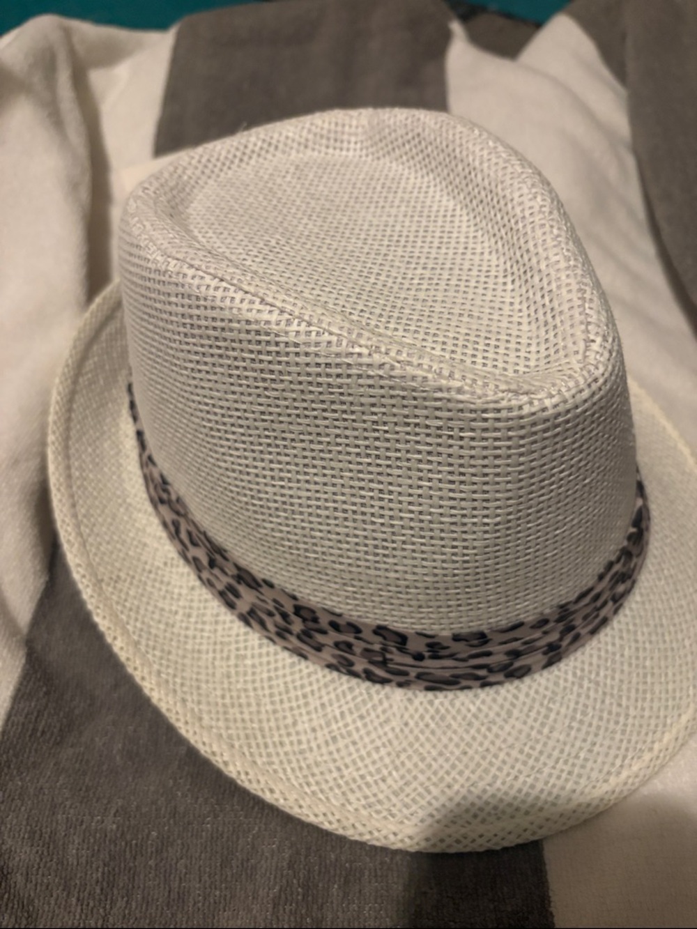 White Straw Fedora with Leopard Print Band